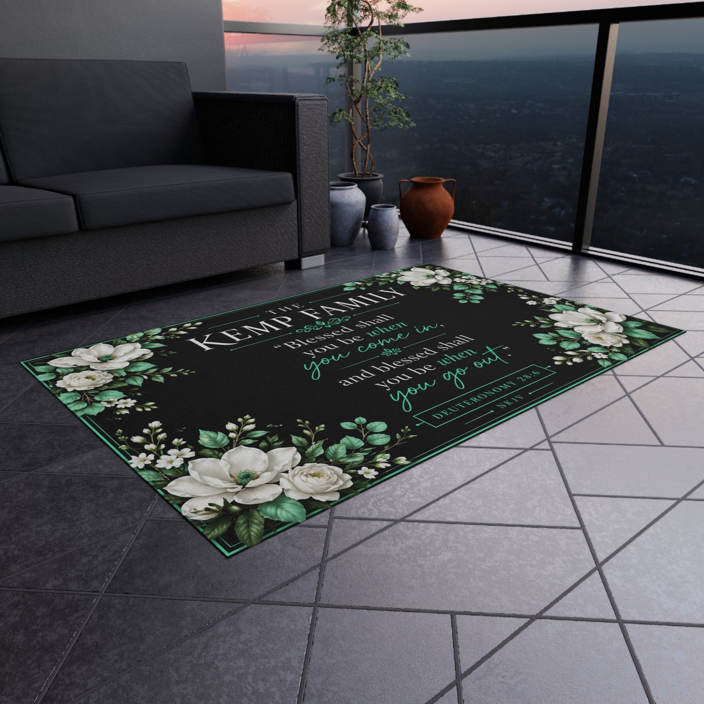 Outdoor Rug - Personalized Floral Family Welcome Mat with 'Blessed shall you be when you come in' Deuteronomy Verse