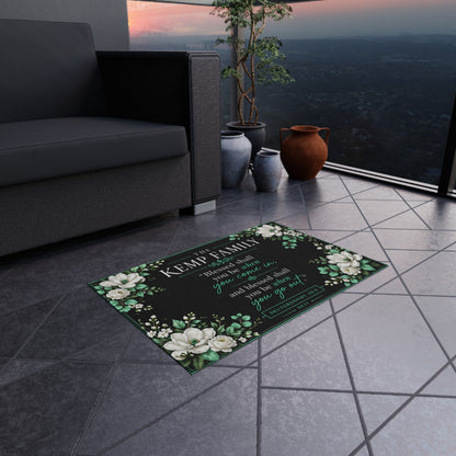 Outdoor Rug - Personalized Floral Family Welcome Mat with 'Blessed shall you be when you come in' Deuteronomy Verse