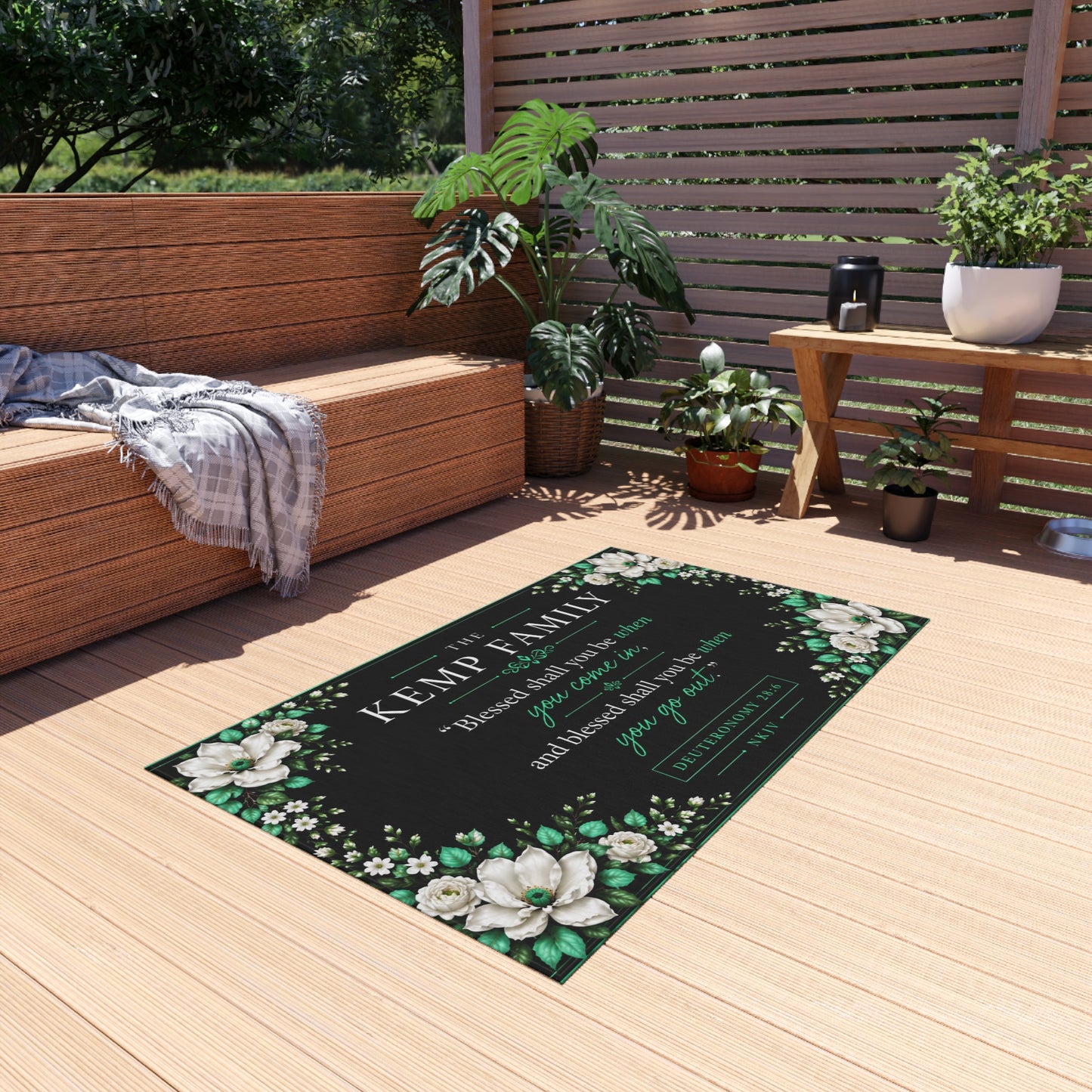 Outdoor Rug - Personalized Floral Family Welcome Mat with 'Blessed shall you be when you come in' Deuteronomy Verse