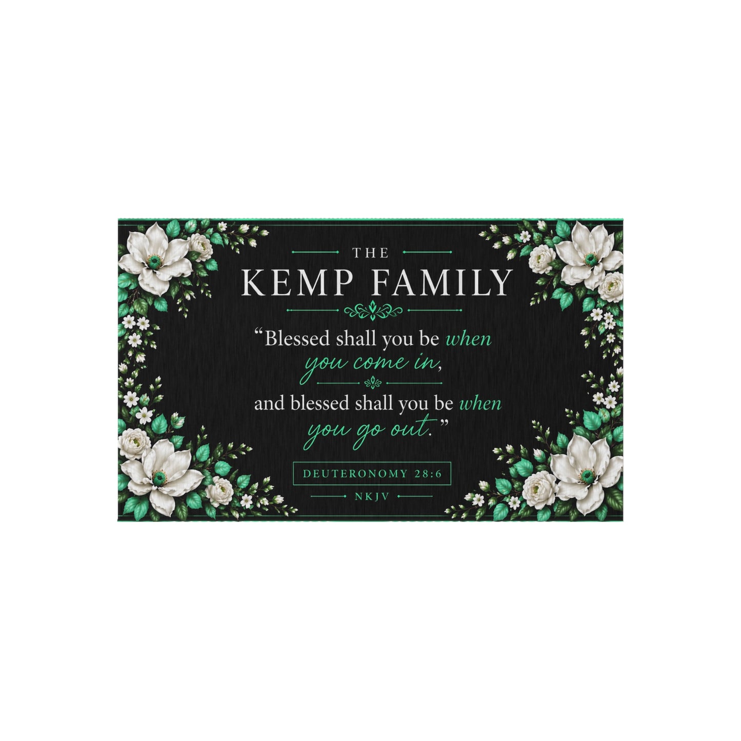Outdoor Rug - Personalized Floral Family Welcome Mat with 'Blessed shall you be when you come in' Deuteronomy Verse