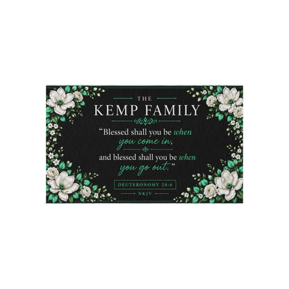 Outdoor Rug - Personalized Floral Family Welcome Mat with 'Blessed shall you be when you come in' Deuteronomy Verse