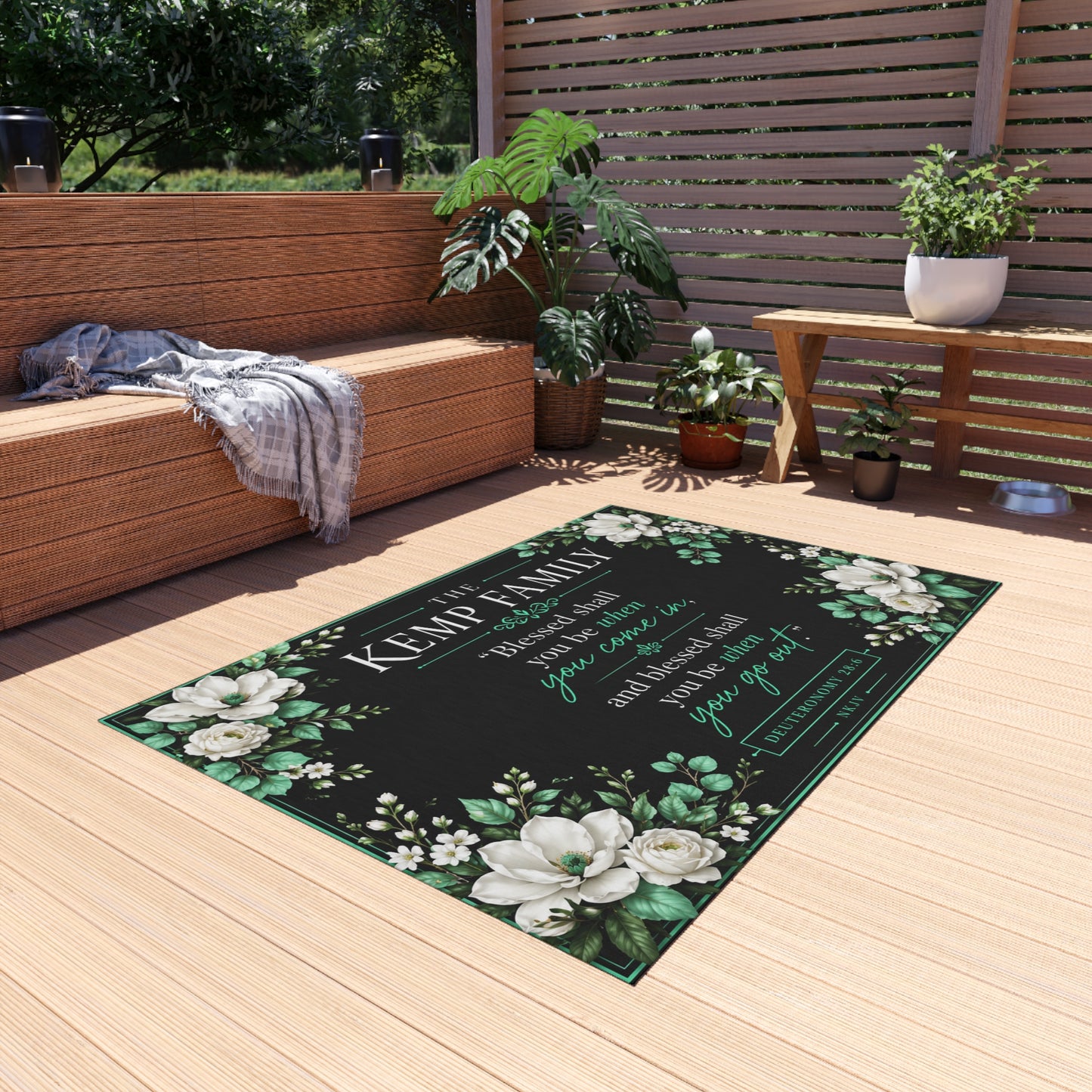 Outdoor Rug - Personalized Floral Family Welcome Mat with 'Blessed shall you be when you come in' Deuteronomy Verse