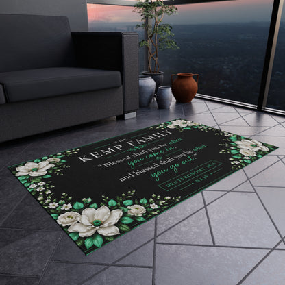 Outdoor Rug - Personalized Floral Family Welcome Mat with 'Blessed shall you be when you come in' Deuteronomy Verse