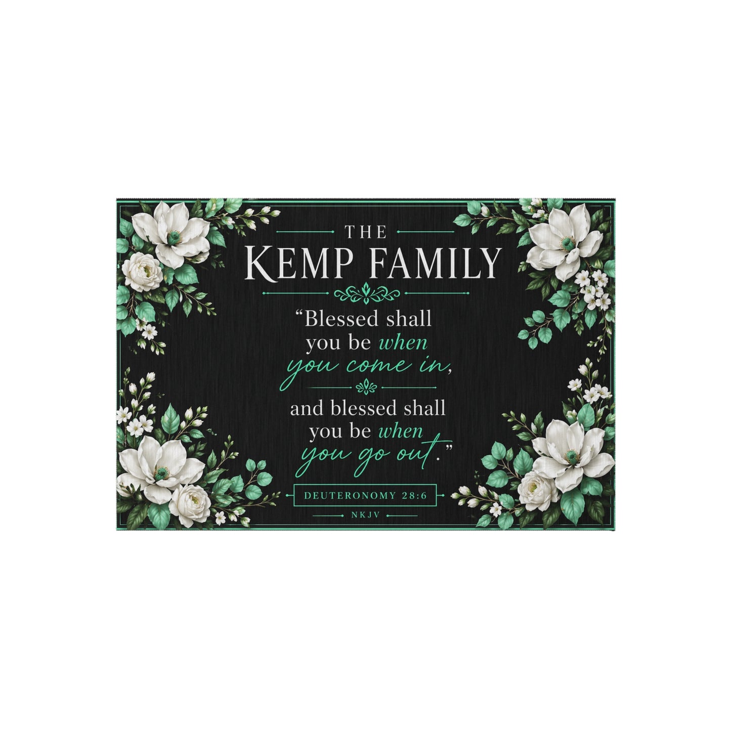 Outdoor Rug - Personalized Floral Family Welcome Mat with 'Blessed shall you be when you come in' Deuteronomy Verse