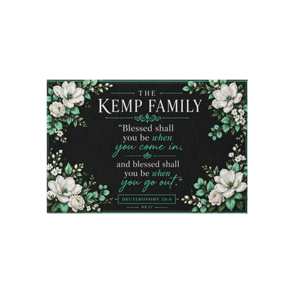 Outdoor Rug - Personalized Floral Family Welcome Mat with 'Blessed shall you be when you come in' Deuteronomy Verse