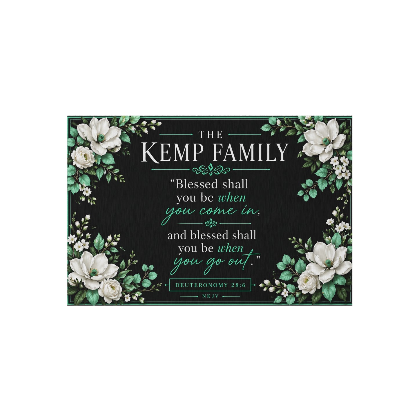 Outdoor Rug - Personalized Floral Family Welcome Mat with 'Blessed shall you be when you come in' Deuteronomy Verse