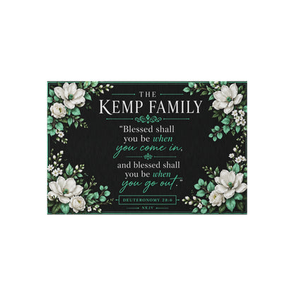 Outdoor Rug - Personalized Floral Family Welcome Mat with 'Blessed shall you be when you come in' Deuteronomy Verse
